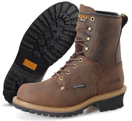 Carolina Elm Logger 8 Steel Toe Boots - Waterproof Work Boots - Slip-Resist Logger Footwear - Memory Foam Comfort Mens Shoes - One-Piece Rubber Lug Outsole - EH Rated - Brown - 13 Wide