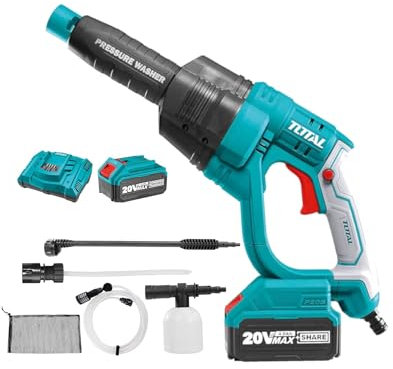 TOTAL - Pistola Hidrolimpiadora a Batería P20S de 20 V - Limpieza a Presión con Agua - Sistema de Parada Automático - Incluye 6 Accesorios - con batería 4 Ah y Cargador
