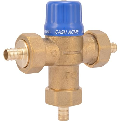 Cash Acme 1/2 Inch HG110 Crimp Thermostatic Mixing Valve with Barb Connections and Integral Checks, Brass Plumbing Fitting, 24506