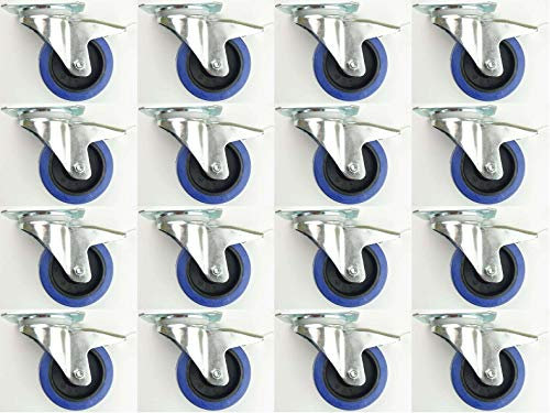 16 Stück 100mm Blue Wheels Lenkrollen Transportrollen mit Bremse/Feststellbremse, Elastik-Rad blau, 180kg / Rad - INDUSTRIEQALITÄT (16x Brems)