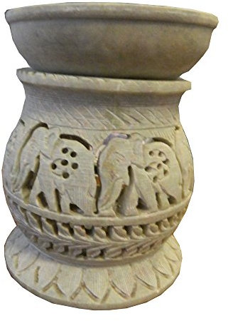 Brûle-parfum bombé Diffuseur pour bougies chauffe-plat hauteur 11cm Grille décorative Éléphants Lumignon en Stéatite pierre à savon Artisanat indien