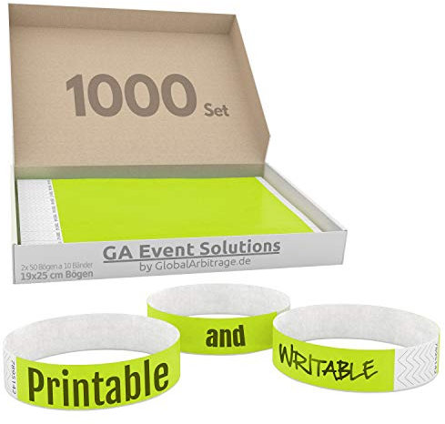 1000 Eintrittsbänder aus Tyvek zum selbst gestalten und bedrucken in Neon Gelb von GA Event Solutions - Party Einlassbänder, Festival Armbänder für dein Event