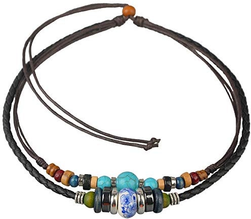 Ancient Tribe Boho Tribal Necklace – Black Leather & Brown Hemp Cord with Porcelain Bead, Wood & Metal Accents – Adjustable 37cm Unisex Choker