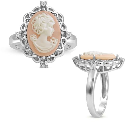 Jewelili Bague camée rose en argent sterling avec saphir blanc rond créé, 5 UK, Argent sterling, Camee