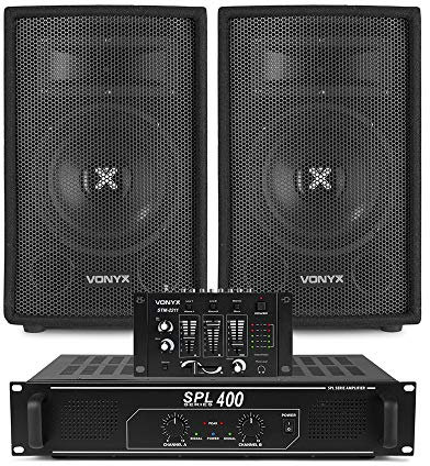 VONYX SL8 Complete DJ PA System - 2x 8-Inch Passive Speakers, SPL400 Audio Power Amplifier & STM-2211 4-Channel Mixer, 800W for Party, Karaoke & Events