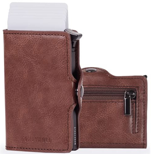 Moneyhold® Porte-Cartes Bancaire Unisexe - Portefeuille Slim en Simil-Cuir Vegan Anti Piratage RFID, Compact et Élégant (B - avec Porte-Monnaie, 4 - Marron)