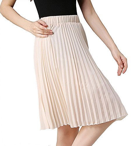 Teerfu, gonna da donna al ginocchio, plissettata, modello midi, fascia elastica in vita, svasata, tinta unita Albicocca Taglia Unica (26 -39 Cintola)