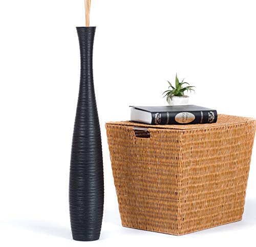 Leewadee Große Deko Bodenvase Für Dekozweige, Hohe Standvase Für Pampasgras, Design Holzvase, 70 cm, Schwarz
