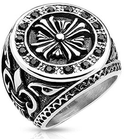 Tapsi´s Coolbodyart® Siegel Ring Edelstahl Keltisches Kreuz 27mm Breit Fleur de Lis Zirkonia Schwarz 63(20)