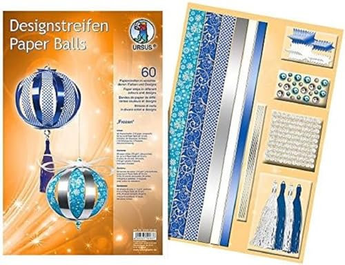 Ursus 23390099 - Designstreifen Paper Balls Frozen, Material für bis zu 6 Paper Balls, Durchmesser ca. 10 cm, 60 Streifen mit Zubehör, ideal zum Basteln von individuellen Weihnachtskugeln