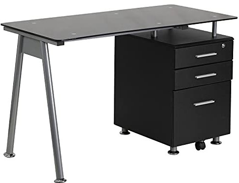 Flash Furniture Computer Desk with Three Drawer Pedestal, Metal, Black Glass Top/Silver Frame, 128.27000000000001 x 67.31 x 13.97 cm