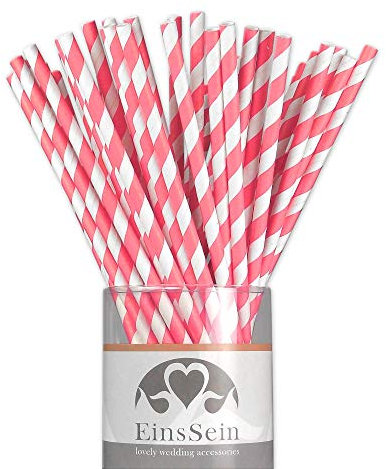 EinsSein 25x Pailles de Papier Stripes L 19,5cm Blanc-Rose