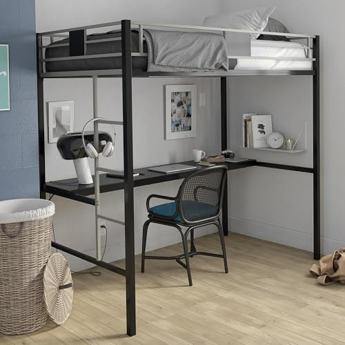 DHP Litera de metal con escritorio y escalera, diseño que ahorra espacio, tamaño individual plateado