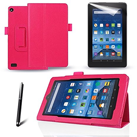 MOFRED® Pink (Kindle) Fire 7 2015 Pink Case - Slim Fit Folio Premium Leather Standing Case for the Amazon Fire 7 inch Display Tablet (5th Generation - 2015 Release Only)