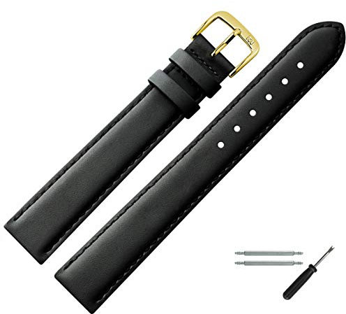 MARBURGER Uhrenarmband 12mm Leder Schwarz Gold XL Glatt Mit Naht - Montage Set 6601210000220