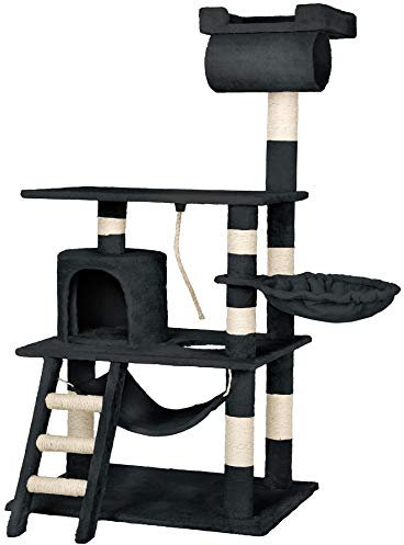 tectake® arbol rascador para Gatos, sisal Resistente, casa Gatos, 1 Nido Giratorio, Hamaca, Sistema antivuelco, Poste rascador Gatos, Cama de Gato, Juguetes para Gatos - 141 cm Alto Negro