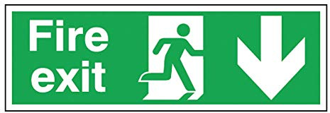 SIGNSLAB E100A/S Safety Sign Fire Exit Running Man Arrow - Down, Self-Adhesive, 150 mm x 450 mm