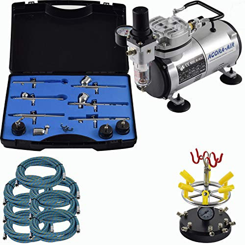 Agora-Tec® Airbrush Komplett-Set EXPERT XXIV.2, Komplettsystem für Airbrushanwendungen, inkl. Kompressor mit 4 bar und 20l/min + 6 Airbrushpistolen mit 6 versch. Nadeln/Düsen + 8-fach Pistolenhalter + 7 Schläuche