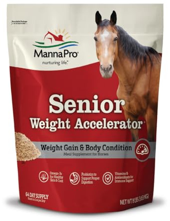 Manna Pro Weight Accelerator for Senior Horses – Weight Gain and Muscle Support Supplement with Omega 3 Fatty Acids and Flaxseed – High-Calorie Feed Topper for Horses – 8 lb Bag