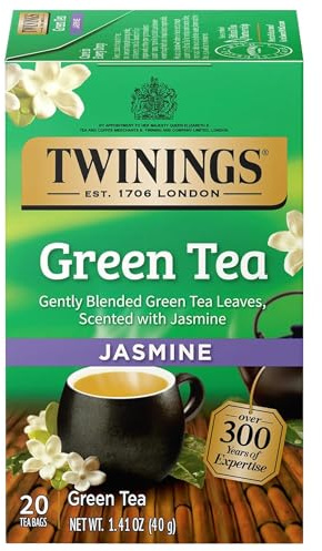 Twinings Green Tea with Jasmine Individually Wrapped Bags, 20 Count (Pack of 1), Fragrant Floral Scent, Caffeinated, Enjoy Hot or Iced, 20 Teabags