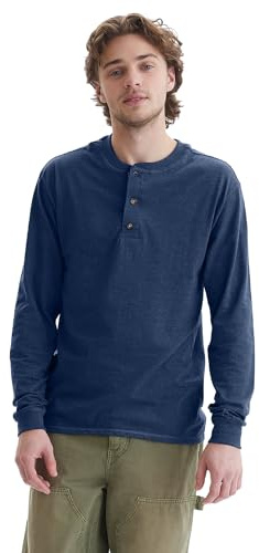 Hanes Men's T-Shirts, Beefy T Henley Shirts, Cotton Long Sleeve Shirts, Navy Heather, S