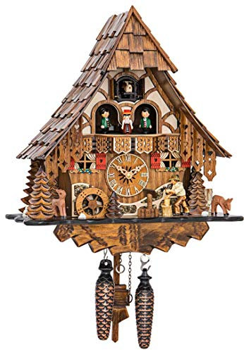 Engstler Quarz Kuckucksuhr Schwarzwaldhaus mit beweglichem Holzhacker und Mühlrad, mit Musik EN 4661 QMT