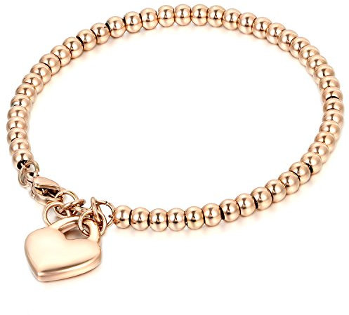 JewelryWe Personalisiert Herz Armband Damen: Rosegold Edelstahl Charme Kugel Perlen Armband Handgelenk Perlenkette Armreif mit Herz Anhänger Herzkette Verstellbar Armkette Schmuck Gravur Geschenk