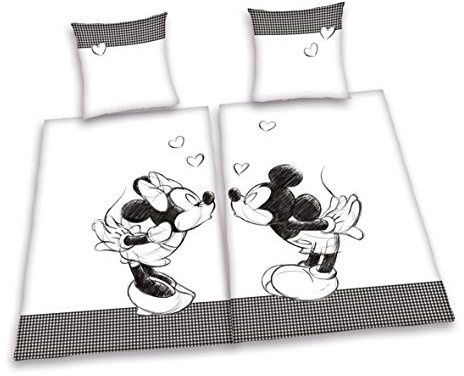 Herding 447862250 Partner Bettwäsche Mickey Mouse und Minnie Mouse, Doppelpack, 1 x Bettwäsche Mickey Mouse, 1 x Bettwäsche Minnie Mouse, 80 x 80 cm + 135 x 200 cm, Linon