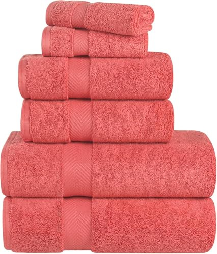 SUPERIOR Zero Twist 100% Cotton Bathroom Towels, Super Soft, Fluffy, and Absorbent, Premium Quality 6 Piece Towel Set with 2 Washcloths, 2 Hand Towels, and 2 Bath Towels, Coral