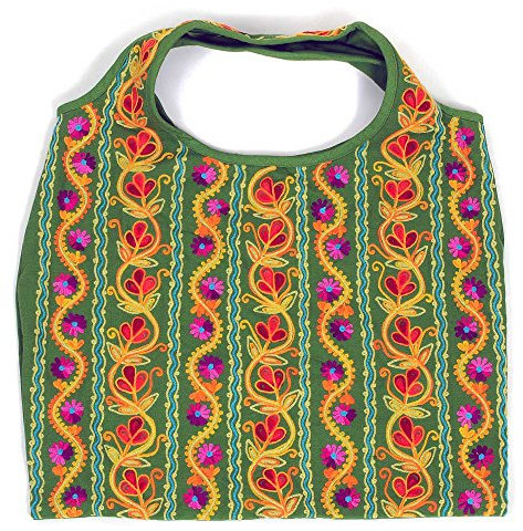 HAB & GUT -IB005- Damentasche, Schultertasche, Strandtasche, Tote Bag Nepal Hippie Indien Ethno Slouchy Boho Hobo GRÜN mit bunter Stickerei PARVATI