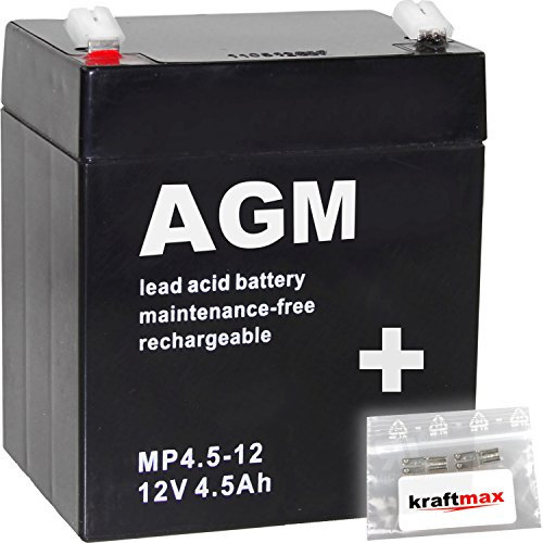kraftmax 1x AGM 12V / 4,5Ah Blei-Akku - MP4,5-12 [ Faston 4,8 ] inkl. 2X Original Anschluß-Adapter
