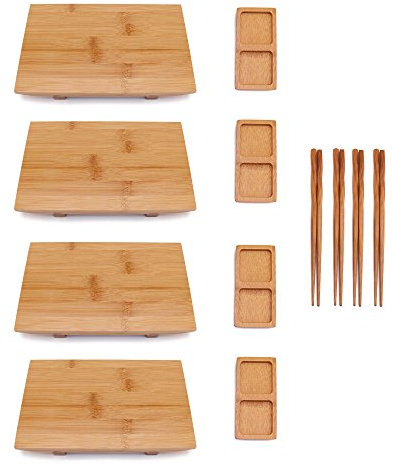 BambooMN Bamboo Sushi Plate/Tray, Chopsticks and Compartment Sauce Dish, 9.8 Rectangle - 4 Sets