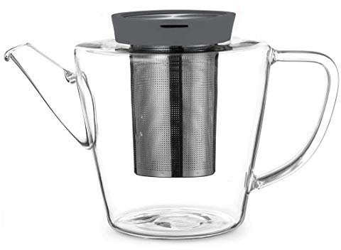 Teekanne aus Glas mit Edelstahlfilter und grauem Deckel, mit tropffreiem Ausgießer, geeignet für die Zubereitung von losem Tee