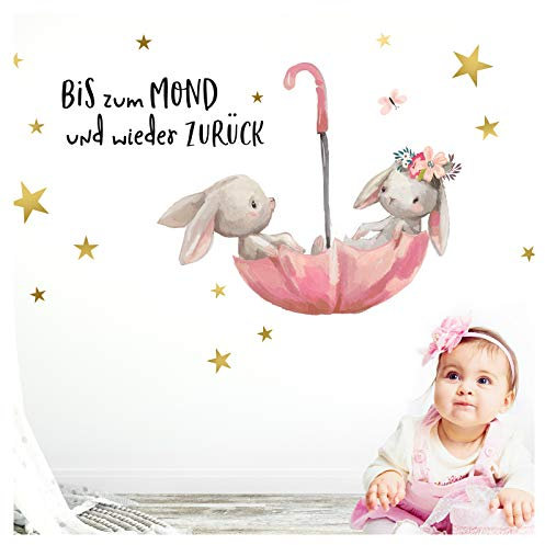 Little Deco Wandtattoo Bis zum Mond & Hasen im Regenschirm I M - 100 x 59 cm (BxH) I Kinderzimmer Babyzimmer Aufkleber Sticker Wandaufkleber Wandsticker DL131