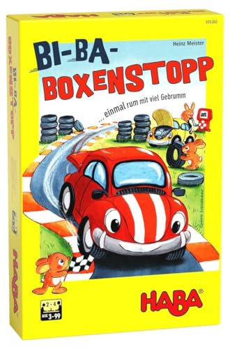HABA 305260 - Bi-Ba-Boxenstopp,Würfelsiel mit einfachen Regeln für Kinder ab 3 Jahren; Brettspiel mit Spielplättchen und Holzautos als Spielfiguren
