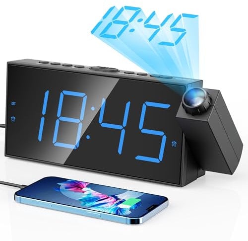 Projektionswecker, 7-Zoll-Digitalanzeige und -dimmer, Doppelalarme, USB-Anschluss, einstellbare Alarmlautstärke, Snooze, 12/24, Batterie-Backup für Schlafzimmer, Decke, Wand, Haus, Kinder, Senioren