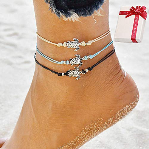 Ouceanwin Boho Turtle Fußkette Damen Fußbändchen Schildkröte, 3 Stück Fußkette Lederband Mode Knöchel Armband Perlen Verstellbar Charm Fußband Handmade Schmuck für Frauen und Mädchen