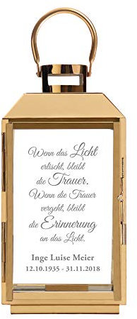 Casa Vivente Laterne aus goldfarbenen Edelstahl mit Gravur für das Grab, Personalisiert mit Name und Datum, Trauerlicht mit Inschrift, Deko Grablicht