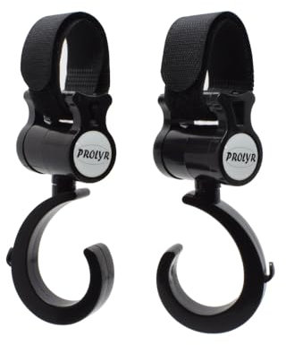 Prolyr® Gancho silla paseo carrito bebé - Pack 2, Colgador bolsas, bolsos, mochilas, etc., Multiusos, Ajuste universal e Instalación en segundos, Rotación 360° (Negro).