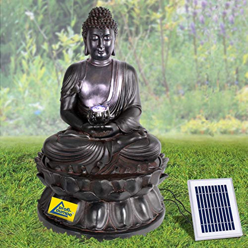FUENTE DE JARDÍN SOLAR BUDDHA ETERNO FUENTE DE AGUA con luz LED y batería de litio, FUENTE para terraza, balcon e interiores