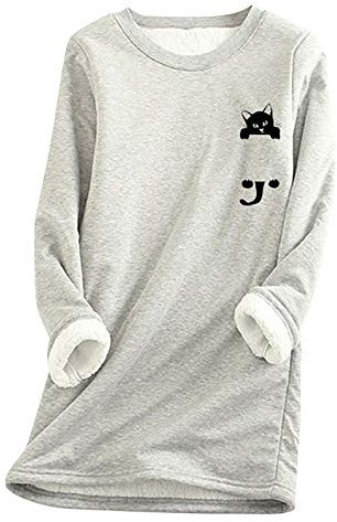 Xmiral Top da Donna Felpa in Pile Spesso Intimo Felpa con Stampa Gatto Velluto Caldo o-Collo (S,4Grigio)