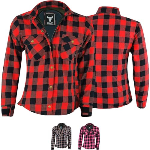 BULLDT Motorradhemd Damen mit abnehmbare 4CE-Protektoren (EN 1621-1) - Klassisch 100% Baumwolle Holzfäller Flanellhemd - Biker Motorradjacke mit Aramid-Kevlar-Futter bietet 360° Schutz Rot - 40