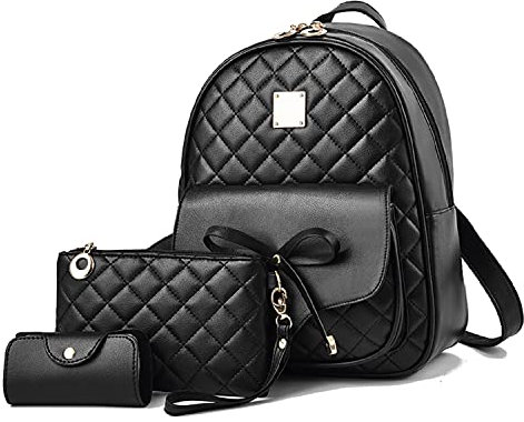 EVEOUT Damen Rucksack PU Leder Lässiger Tagesrucksack zum Reisen Schule Arbeit Schultertasche Rucksack Set(Stil 2 Schwarz)
