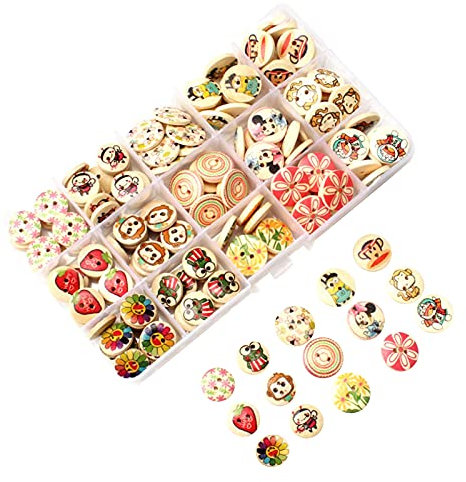 Mousyee Knöpfe Kinderkleidung, 150 Stücke Knöpfe Holz Knöpfe Kinder Holz 15 Designs Holzknöpfe für Baby-Strickwaren Modische 2-Loch-Knöpfe zum Nähen Basteln Sammelalbum Dekorativer DIY-Knopf