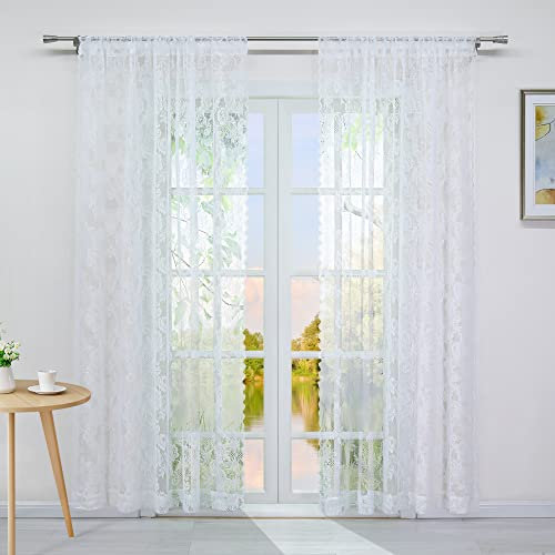 Yujiao Mao Jacquard-Wirkgardine mit Floral Muster Transparente Gardine mit Stangendurchzug Wohnzimmer Vorhang Weiß BxH 152x213cm 2 Stück