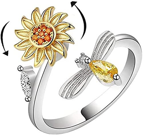 Cubic Zircon Sunflower Fidget Rings,Sunflower Anxiety Relieving Rings,You Are My Sunshine Spinner Ring,Adjustable Flower Stackable Rings,Stress Relief Jewelry Gift for Women Girl