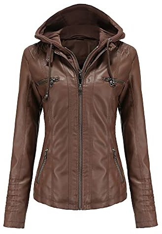 E-girl Damen Kunstleder Kurze Bikerjacke mit Kapuze Jacke,EU 36-52 | Abnehmbare Kordelkapuze,mehrere Reißverschlusstaschen,besäumte Manschetten,Stadtreise,leichtes‑Außen