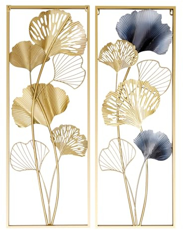 Bazargame 2 Stück Metallbild Bilder Wandschmuck 3D Wandbild Ginkgoblätter 85×31×5cm Wandschmuck Moderne Luxuriös Wanddekoration
