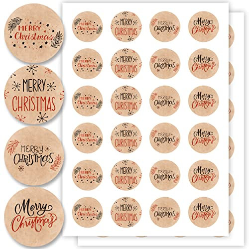 Aufkleber für Weihnachten (48 Sticker) - Weihnachtsaufkleber zum Beschriften für Geschenke - Weihnachtssticker Rund - Weihnachts Etiketten für Beschriftung - Selbstklebend - Kraftpapier-Optik Floral