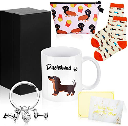 5 Piezas Set Regalo de Perro, Taza de Café Divertida de Cerámica Calcetines de Perro Regalo para Mamá Mujer Llavero con Caja Bolsa de Maquillaje Tarjeta Felicitación para Navidad (Perro Tejonero)